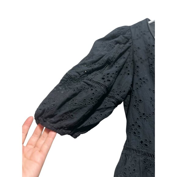 Beulah Eyelet bubble Hem Mini Dress fit flare Medium Black Puff Sleeves Romantic - Picture 8 of 16